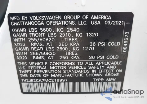 2021 Volkswagen Atlas Cross Sport 3.6L V6 Se W/Technology z USA, uszkodzony, nr VIN 1V2JE2CA7MC219997